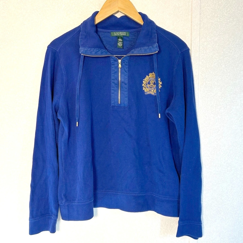 lauren ralph lauren quarter zip pull over blue size large gold crest emblem logo